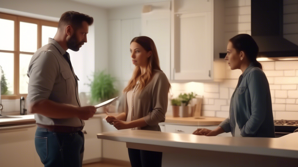 An attentive home inspector examining the electrical panel in a well-lit, modern kitchen while a curious couple observes, in a cozy house setting.
