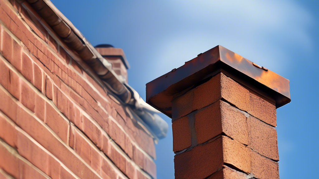 An up-close view of a brick chimney with noticeable damage to the metal chimney cap, such as rust, dents, and missing pieces. The surrounding area shows signs of weathering, with a blue sky and a few
