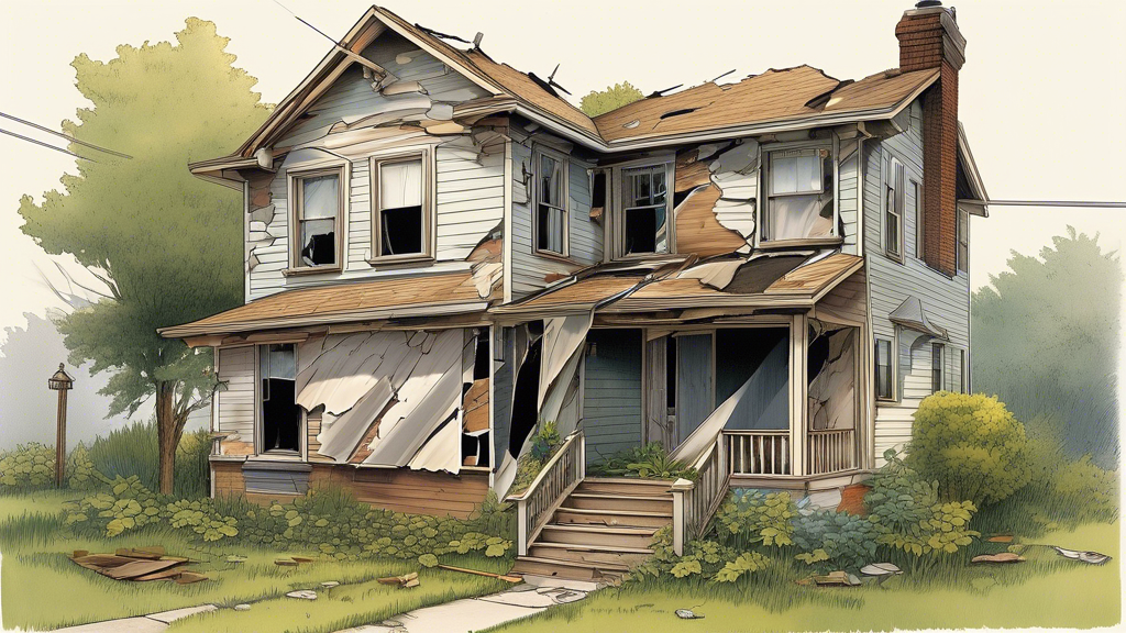 Create a detailed image showing the exterior of a house with visibly damaged siding panels. The house should have sections of siding that are cracked, warped, or missing, exposing the underlying struc