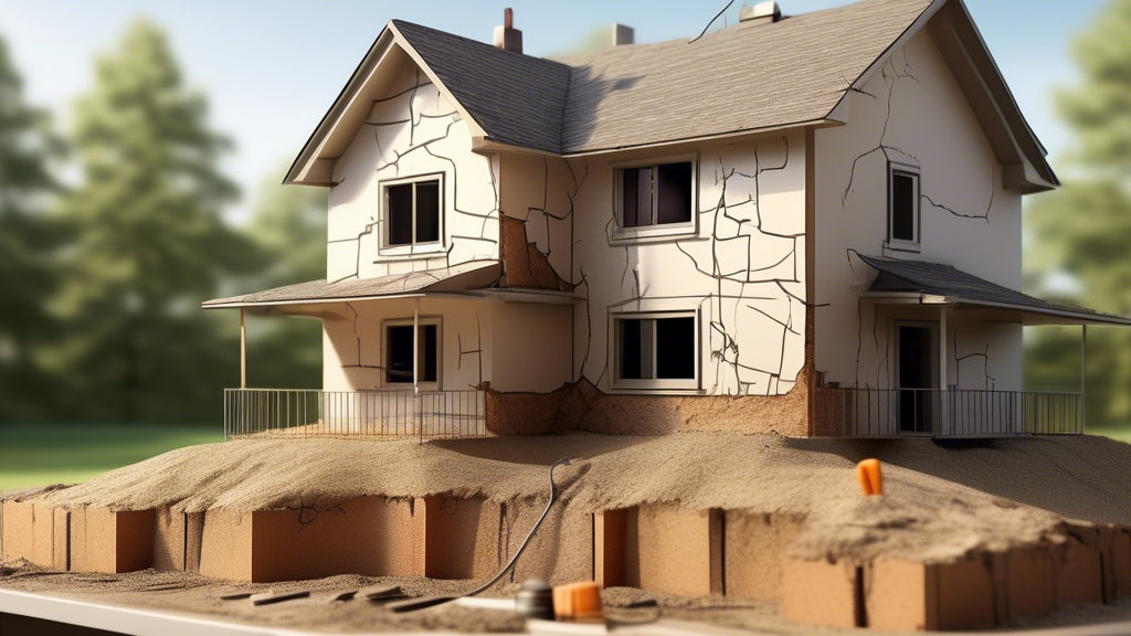 Create an image depicting a house with visible signs of foundation settlement. Show cracks running up the walls and through the foundation, and illustrate the ground beneath the house sagging and unev