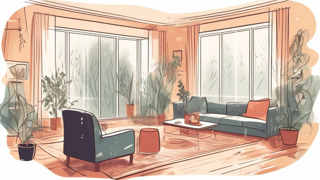 Create an image of a living room with large windows that are improperly sealed. Show visible drafts of cold air and condensation on the panes. The scene includes curtains gently blowing, plants strugg