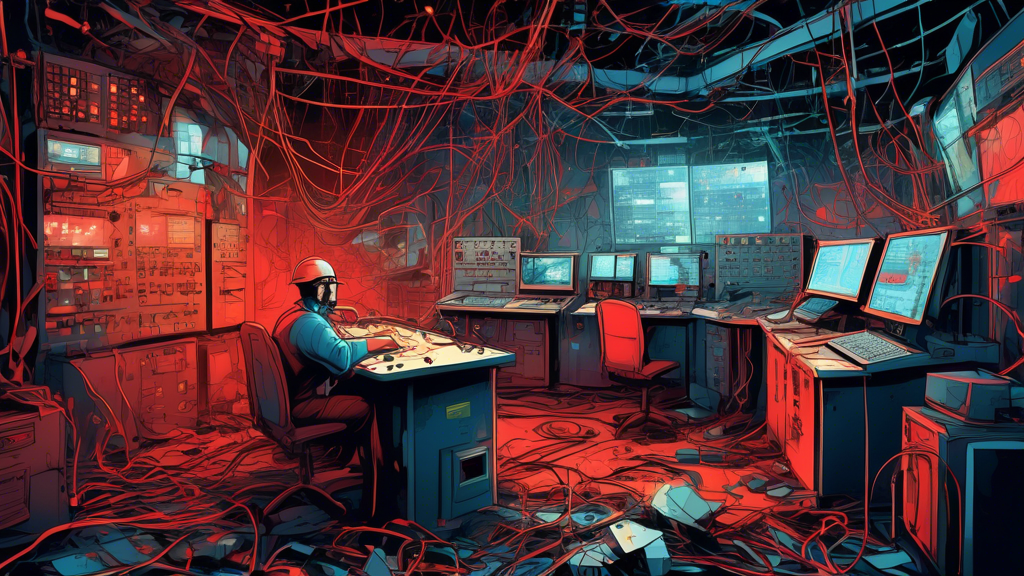 Create an image of a chaotic electrical control room with frayed wires, misaligned circuits, and broken panels. There should be warning signs and red flashing lights indicating danger. The scene shoul