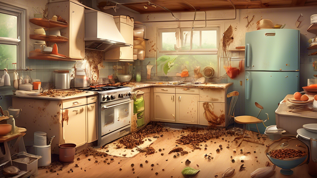 Create a detailed illustration showing a kitchen environment with subtle but clear signs of a pest infestation. Include elements like small droppings, chewed food packages, tiny holes in walls, and a