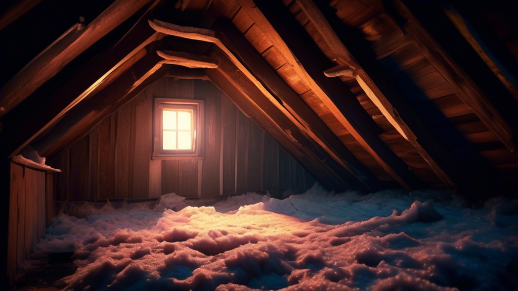 A dimly lit attic with thin, patchy insulation, showing cold drafts seeping through wooden beams and gaps. The space looks uninviting and chilly, with a small, old window barely covered by worn-out in