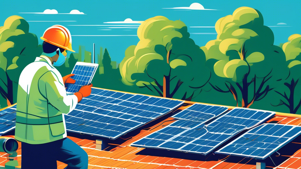 Create an image of a technician inspecting solar panels on a roof under a bright blue sky. The technician should be wearing safety gear and using specialized tools, such as a handheld thermal camera o